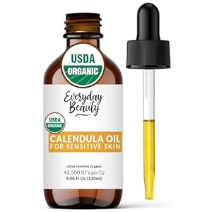 Organic Calendula Oil For Sensitive Skin – USDA Certified 100% Plant Based, Lightweight & Unscented Gentle Soothing Oil For Sensitive Skin – For Face, All Over – Large 4.06 Fl Oz Glass & Dropper