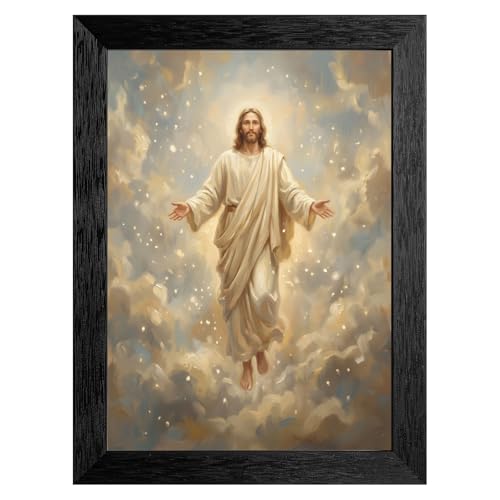 Glorified Jesus Canvas Wall Art – Christian Painting of Christ in Heaven – Inspirational Religious Decor for Home or Church 8x10inch-Black Framed