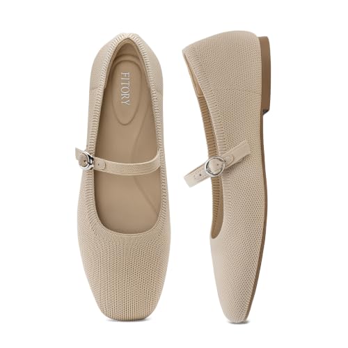 Image of FITORY Flats for Women, Mary Jane Ballet Square Toe Knit Ankle Strap Shoes
