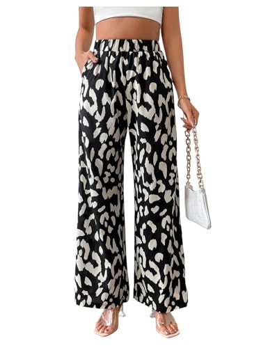 GORGLITTER Women's Leopard Wide Leg Pants Flowy Cheetah Print Elastic High Waist Trousers Streetwear