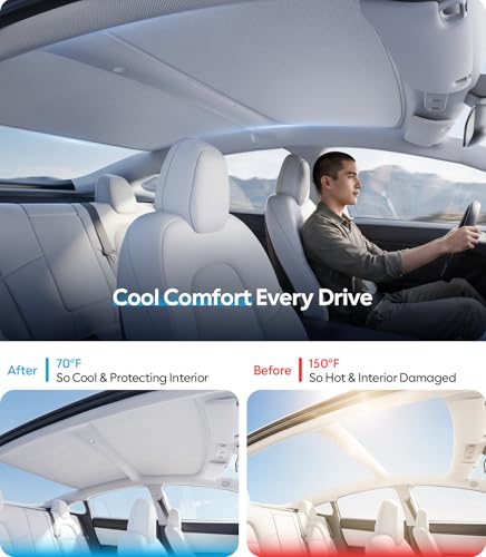 Image of Wigoo Tesla Model 3 Sunshade Roof [Never Sag, Nano Ice-Crystal Coatings] 3-Gen Heat Insulation Glass Roof Sun Shade, Accessories for Tesla Model 3 2020~2026 Highland, Interior Gray