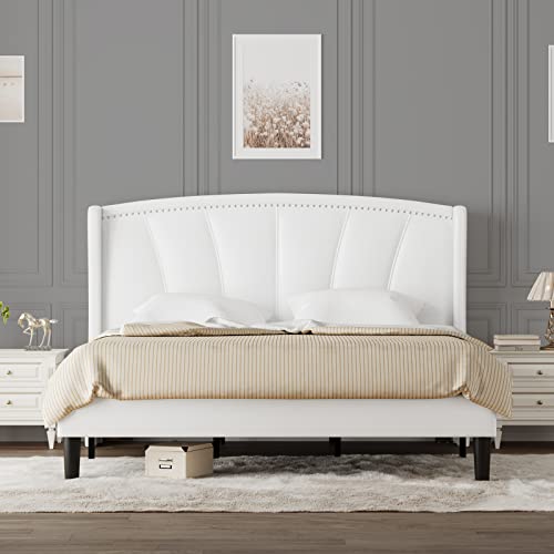 Queen Size Bed Frame Upholstered Queen Bed Frame With Faux Leather Headbaord Modern Deluxe Wingback, Mattress Foundation Wood Slat Support Platform Bed No Box Spring Needed, Easy Assembly, White #TOP2