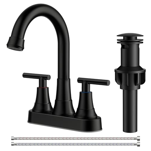 FORIOUS Matte Black Bathroom Faucets, 4 Inch Centerset Bathroom Sink Faucet 2 or 3 Hole with Pop up Drain and cUPC Hose, Two Handles Control, 360° spout for Restroom,Vanity, RV