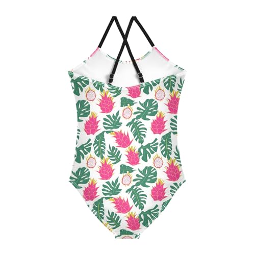 senya Girls Swimsuits One-Piece Swimwear Tie Bathing Suit Beach Summer Round Neck 7-8T Dragon Fruit Tropical Leaves Pattern2