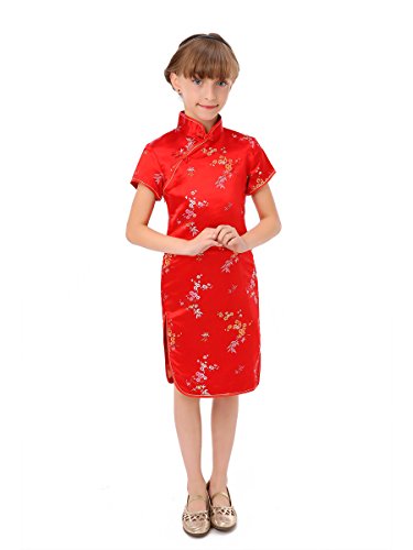 Girl's Blossom and Leaves Red Qipao Chinese Dress2
