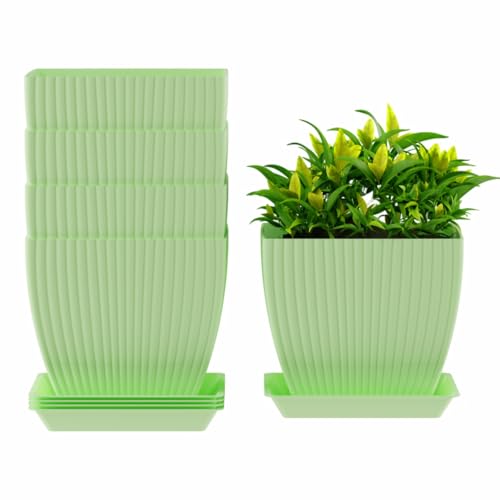 Image of HOMIFLY 5 Pack Plastic Square Flower Pots with Drainage & Bottom Tray /Lightweight, UV & Weather Resistant /6.5 Inch Planters for Indoor /Outdoor /Home /Balcony /Terrace /Garden Plant Pots (Green)