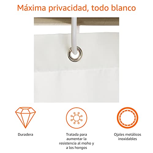 Amazon Basics Cortina de Ducha de Tela Resistente al Agua y al Moho, con Ojales y Ganchos, Lavable a máquina, 180 x 180 cm, Color Blanco - Imagen 4