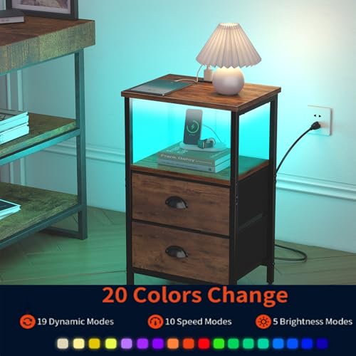 Image of Sthmec Industrial Nightstand, 11.38''D * 15.38''W* 24.75''H, Rustic Brown, 2 Drawers, LED, Charger Station