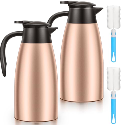 Essenya 2 PCS 68 OZ Thermal Coffee Carafe, Insulated Stainless Steel Coffee Carafe Double Walled Vacuum Thermal Pot Flask with Brushes for Keeping Hot Coffee Tea Home and Office (Gold)