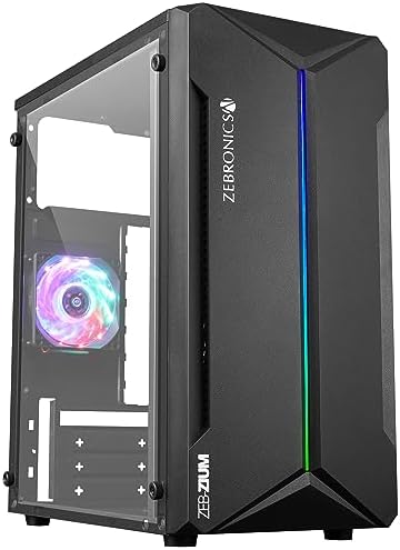 ZEBRONICS ZIUM Mid-Tower Gaming Cabinet, M-ATX/M-ITX, Fins focussed Multicolor Rear Fan, Multi Color LED Strip, Acrylic Glass Side Panel, USB 3.0, USB 2.0