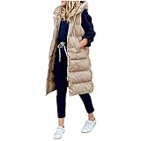 SGSD Chaleco largo acolchado sin mangas para mujer, chaqueta acolchada sin mangas, para invierno, abrigo largo de plumón, chaqueta de plumón para mujer, caqui, XXL
