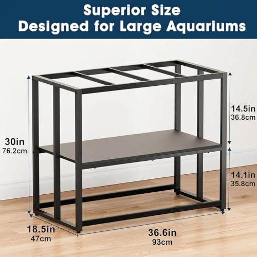 Image of 40 Gallon Metal Fish Tank Stand, Aquarium & Terrarium Stand for Home Office | Dual-layer structure providing extra storage space under the tank.Overall dimension measures 36.6 inchx18.5 inchx30 inch with 660LBS