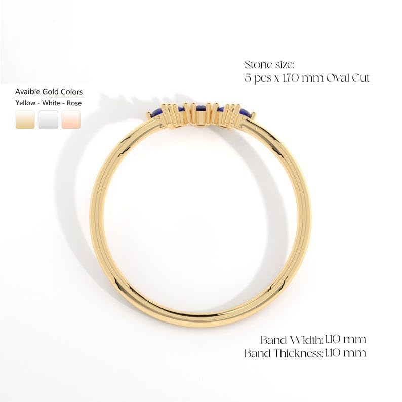 V Shaped Sapphire Engagement Ring 14K Solid Gold Chevron Band, Multi Birthstone Curved Wedding Band Women, Five Blue Wishbone Ring - GJH1933