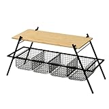 [キャンパーズコレクション 山善] アイアンワイドバスケットラック 2段 アウトドアラック 竹製天板 収納バック付き 幅90×奥行34×高さ44cm IWRB-2