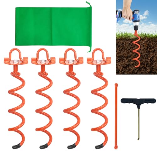 MIXXIDEA 11.4 Inch Gound Anchors Screw in, Metal Spiral Earth Anchors Kit, Heavy Duty Folding Ring Spiral Dog Tie Out Stake, Ground Stakes for Tent Trampolines, Garden Fence, Sheds, Swings (Orange)
