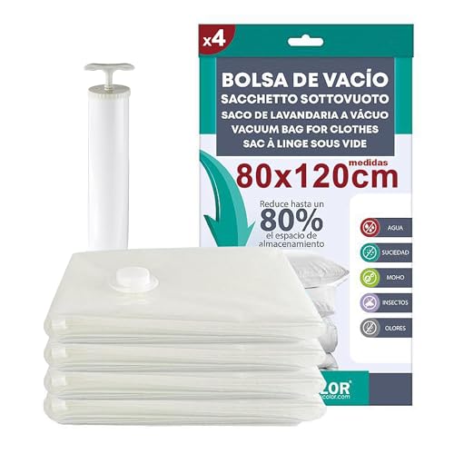 VIDA SOL 4 Bolsas de Vacío 80x120cm Con Bomba Manual, Bolsas Almacenaje Reutilizables para Edredones, Mantas, Ropa, Viaje y Mudanza, Extra Gruesas, Ahorra hasta 80% de Espacio, Sin Olor