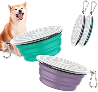 Pawaboo Collapsible Dog Bowls 2 Pack, Silicone Feeding Watering Bowls with Lids & Carabiners for Dogs Cats, Portable Collapsable Water Feeder Food Bowl for Walking Traveling Home Use, VioletTurquoise