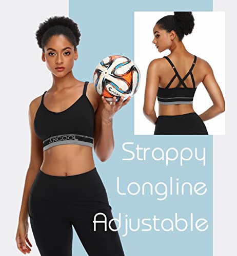 Angool Strappy Sports Bras For Women, Longline Medium Support Yoga Bra Wirefree Padded Sports Bra With Adjustable Straps Black #TOP2