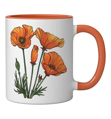 Taza de cerámica diseño flor California Poppy naranja/blanca miniatura 2