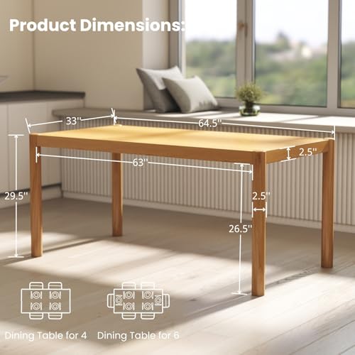 Image of DUOMAY Modern Rectangular Dining Table, 64.5'' Farmhouse Solid Wood Kitchen Table for 4-6 Person, Breakfast Dinner Table for Dining Room, Living Room, Natural