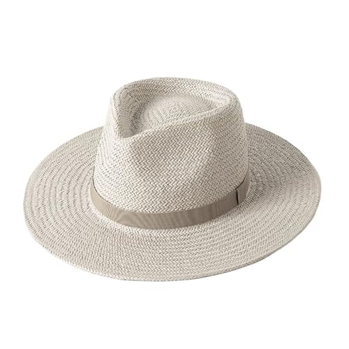 Plain Band Panama Straw Hats For Women Summer Beach Wide Brim Sun Hat Funeral Church Derby Fedora Cap UPF50(WHITE)