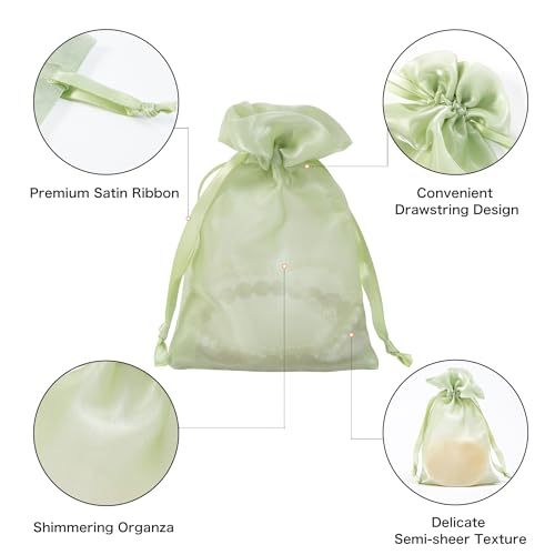 Image of QIANF 20 Pcs Light Green Small Organza Bags 4X6 inch for Wedding Favors with Drawstring, Mini Mesh Gift Bags Jewelry Pouch for Candy Bridal Shower Party Favor Baby Shower Christmas