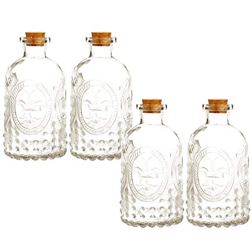 Mygift Vintage Embossed Clear Glass Diffuser Bottles With Cork Lids, Miniature Bud Vase, Set Of 4 #TOP4