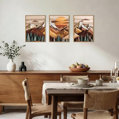 Image of KAIRNE Woodcut Style Mountain Framed Canvas Wall Art Set,Wooden Pine Tree Wall Decor,Vintage Forest Landscape Art Prints,Nature Sunrise Artwork for Living Room,Bedroom,Farmhouse,Office-12 x16 x3