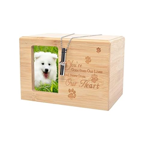 Dog Ashes Box, Bamboo Ashes Box for Dogs with Urn Necklace for Ashes (Together), Ashes Casket Keepsake Memorial Gift with Picture Frame, Cremation Box for Cats Rabbit Small Pets, Model B Cover