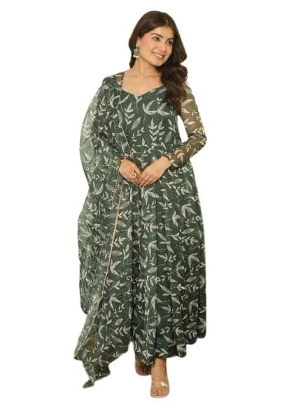 Women Olive Green Leaf Print Anarkali Gown with Dupatta | Georgette Long Flared Kurti Dress | Full Sleeves Square Neck Ethnic Wear for Wedding Party Festive-image-49