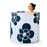 Vasca da bagno pieghevole per adulti, 70 x 65 cm, portatile, profonda, per acqua calda e fredda, con tubo di scarico e cuscino per seduta, vasca da bagno pieghevole salvaspazio (bianco)