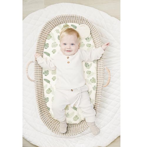 Image of Konssy 2 Pack Muslin Bassinet Sheets for Baby Boy, 100% Cotton Soft Breathable Bassinet Mattress Sheets Fit for Hourglass Oval Cradle Rectangle Mattress (Palm Paradise,Sage)