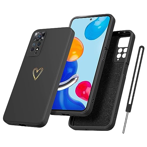 Custodia Yichxu Per Xiaomi Redmi Note 11 / 11S Con Cordino | Cover TPU Morbida Con Motivo Cuore Dorato E Paraurti Antiurto | Colore Nero