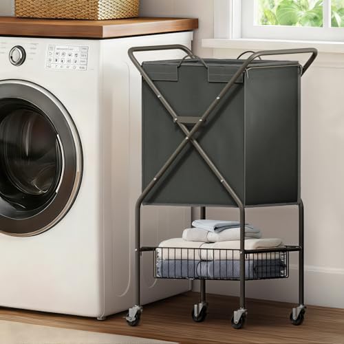 Image of Laundry Basket with Wheels:88L Rolling Laundry Cart Foldable Metal Frame Dirty Clothes Laundry Hamper 36 inchH 4 Caster 2 Brake Waterproof Removable Liner Carry Handle for Dorm Laundry Room,Gray