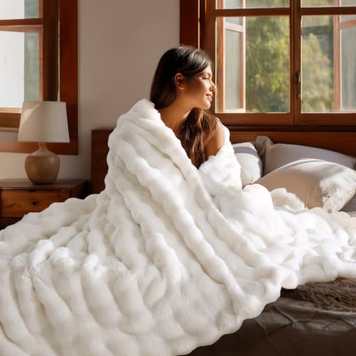 Image of BEDELITE Faux Fur Throw Bubble Blanket for Couch, 60 inch x 80 inch, Cream | 870GSM Soft Cozy Plush Blanket for Sofa & Bed Living Room Decor, Warm Fuzzy Faux Rabbit Fur for Women Gift, All Season Use