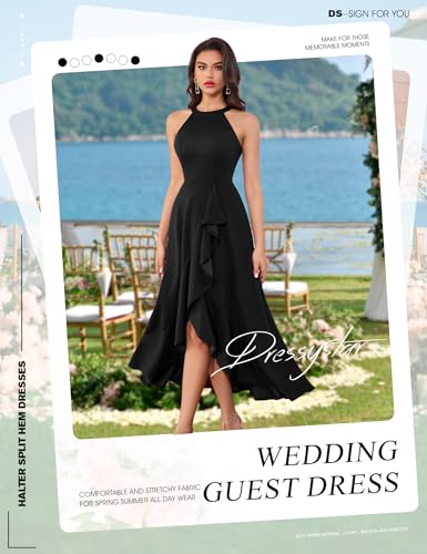 Image of Dressystar Womens 2026 Halter Slit Ruffle Wedding Guest Party Dress Elegant Maxi Long Sleeveless Formal Prom Cocktail Dresses