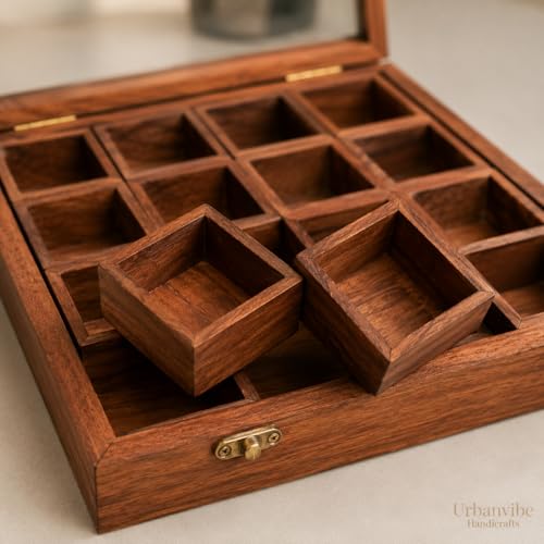 Image of Wooden Spice Box with 12 Removable Compartments|Handmade Masala Dabba for Kitchen Storage | Premium Wooden Spice Organizer with Transparent Glass Lid | Multipurpose Storage Box