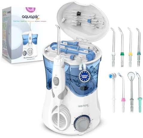 Munddusche Water Flosser Oral Irrigator PRO | Aquapik® | Professionelle Zahnreinigung, entfernt Plaque, empfohlen von Zahnärzten, für Implantate & Zahnspangen | 8 Düsen, 10 Druckstufen, 600 ml (Weiß)