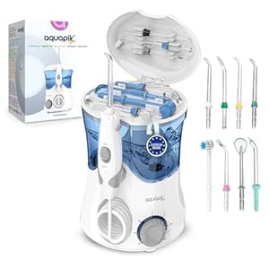 Munddusche Water Flosser Oral Irrigator PRO | Aquapik® | Professionelle Zahnreinigung, entfernt Plaque, empfohlen von Zahnärzten, für Implantate & Zahnspangen | 8 Düsen, 10 Druckstufen, 600 ml (Weiß)