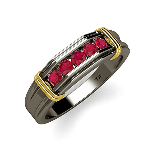 Round Ruby 1/2 ctw 5 Stone Men Wedding Ring in Black Rhodium Plated 14K Gold