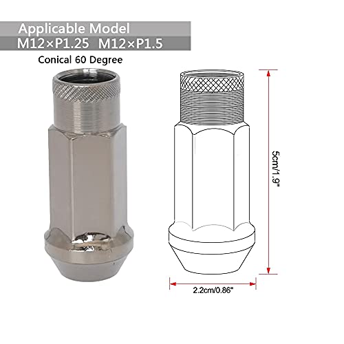 Image of Lug Nuts M12x1.25 Open End Wheel Nuts,Taper Acorn Seat, Forged Locknut Racing Nut 20 Set 2 Pieces Total 22 Pieces and 1 Nut Socket Key (Titanium M12 x P1.25)