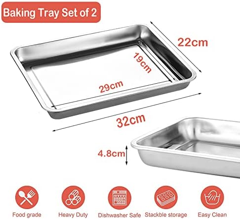 Baking Tray Cookie Sheet Set of 2, Stainless Steel Baking Trays for Oven Non Stick, Mirror Finish Non Toxic & Healthy Oven Tray, Easy Clean & Dishwasher Safe (32*22*4.8cm)