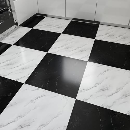 CYEER 40 Stück 30x30CM Selbstklebende Bodenfliesen Schwarz Weiß, 2 Texturen Vinylboden Selbstklebend Wasserfest, Klebevinyl Selbstklebend für Küche, Wohnzimmer, Badezimmer (Schwarz & Weiß Marmoriert)
