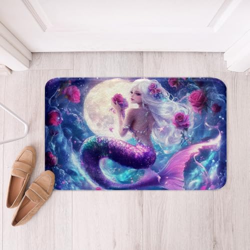 Rose Mermaid Bathroom Rug,Starry Sky Galaxy Non Slip Bath Mat for Kids Girls Boys Women,Magical Mermaid Tail Shaggy Absorbent Floor Mat Dreamy Blue Purple Bath Indoor Doormat Decor,16"x24"