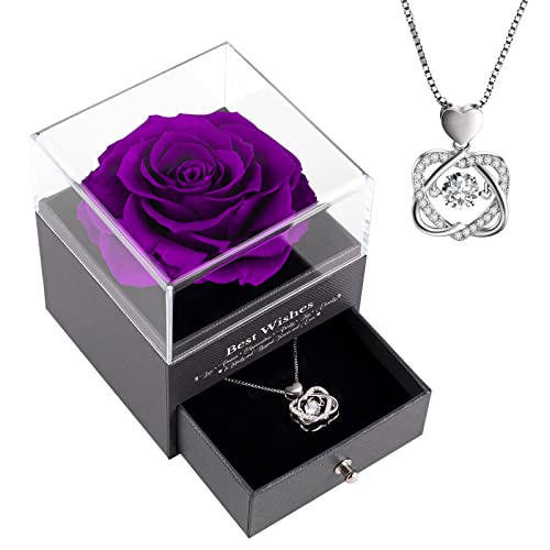 Rosa eterna con collar para ella, rosas, regalo para mujeres, para San Valentín, Día de la Madre, Navidad, aniversario, cumpleaños, para madre, hermana, esposa, novia, abuela (morado) Cover
