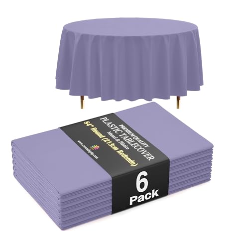 Image of Exquisite 66% Thicker Premium Lavender Round Tablecloth 0.5 Mil 6 Pack Plastic Table Cloth Disposable 84 Inch Round Plastic Tablecloth Won't Tear Easily Like Cheap Thin Brands