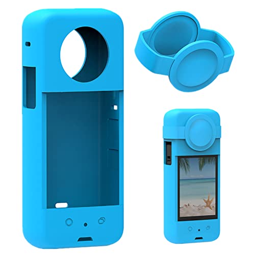 Hensych 1pcs Silicone Protective Case with Lens Cover for Insta360 X3 Panoramic Action Camera Lens Protector Cap Anti-Drop Cover Silicone Case Body Lens Protective Cover(Blue)