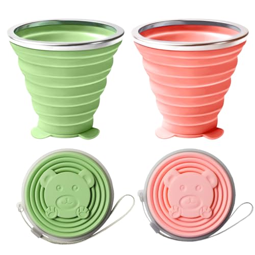 Image of HASTHIP 2 Pack Collapsible Cup For Travel Accessories Small Silicone Foldable Glass Cups With Lids Camping Accessories For Outdoor Reusable Expandable Drinking Cup Travel - Pink&Green ,180 Ml