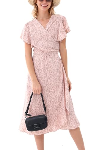 Image of Women's Summer Wrap Maxi Dress Casual Boho Floral V Neck Short Sleeve Ruffle Hem Split Beach Long Dresses