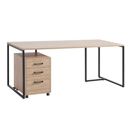 Vinnova Foggio 72" Industrial Writing Computer Desk With Filing Cabinet Natural Oak #TOP7